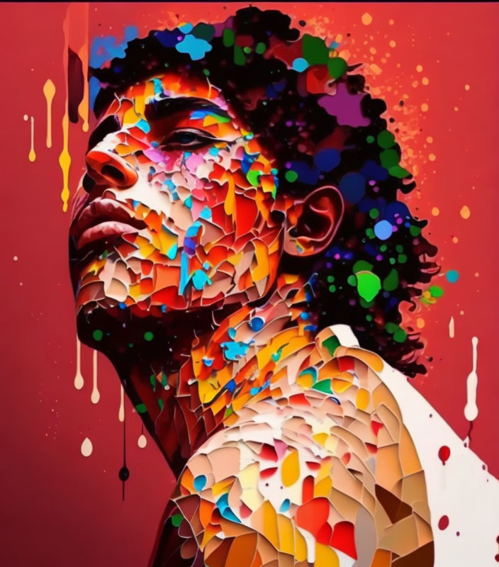 Colorful Fragmented Skin Artwork on Red Background