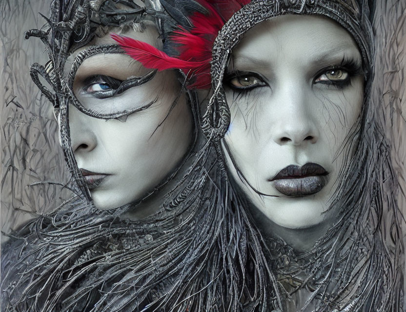 Avant-garde makeup and feathered headpieces create dramatic appearance