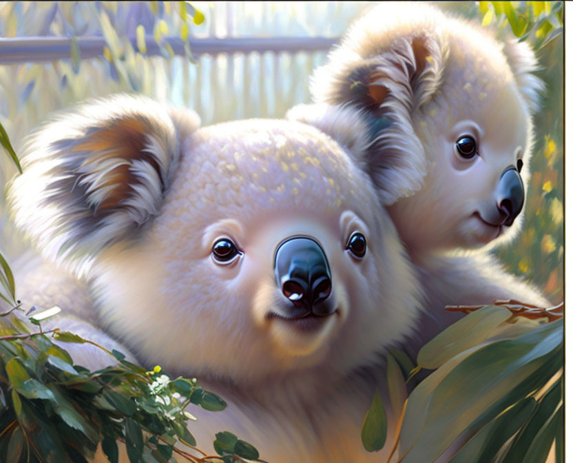 Pair of koalas amidst eucalyptus leaves, one curious, one peeking.