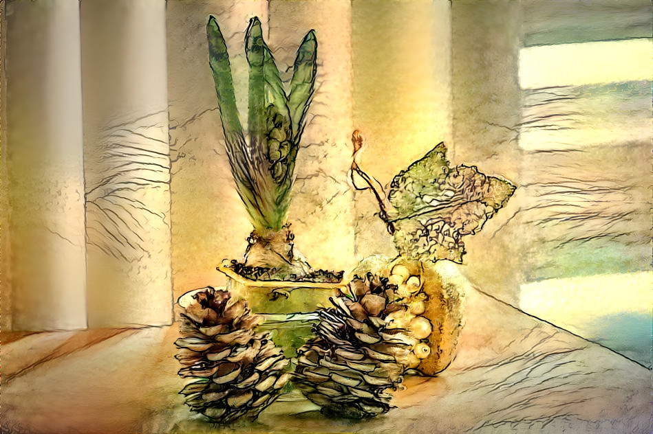 still life pine cones and hyacinth