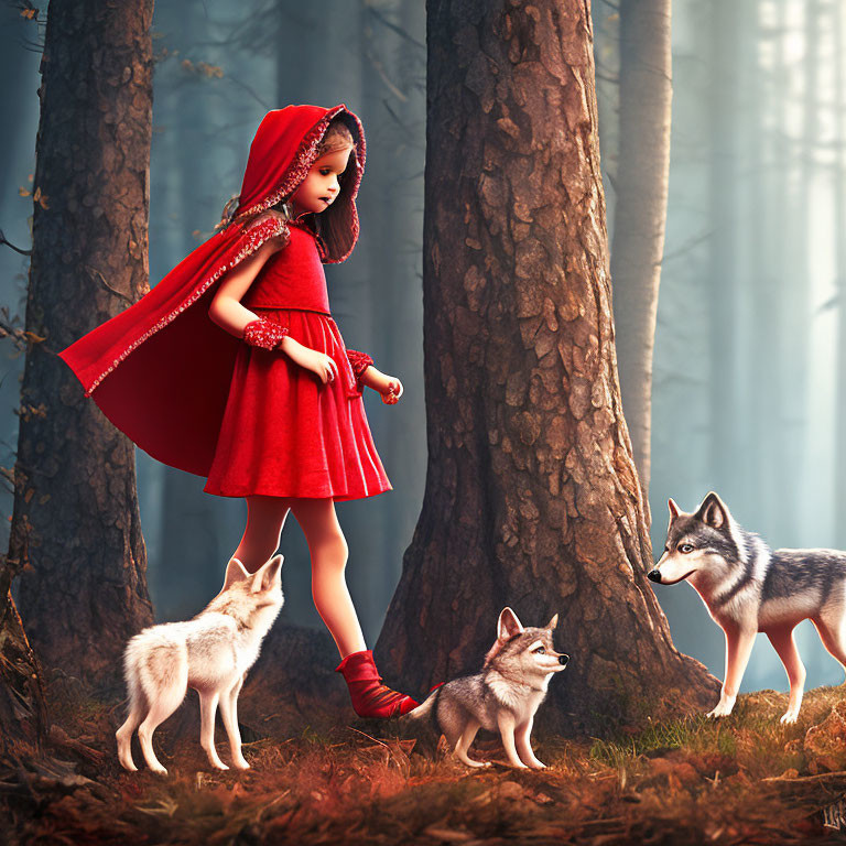 Girl in Red Hooded Cloak with Three Wolves in Misty Forest