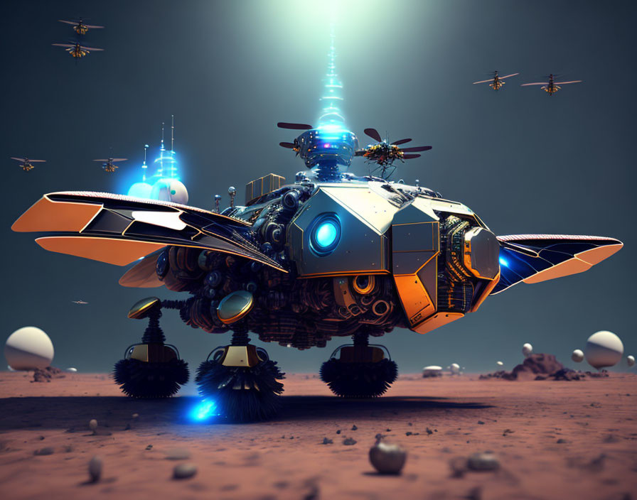 Advanced futuristic vehicle with blue lights hovers over barren landscape with smaller drones under dusky sky