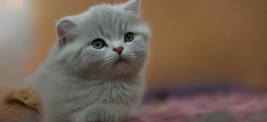 Fluffy white kitten with blue eyes and pink nose in soft background