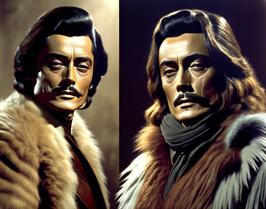 Stylized portraits of a man with a mustache in fur coat and scarf