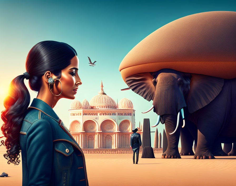 Profile of woman gazing at surreal scene with giant mushroom cap-headed elephant, man, and classical architecture