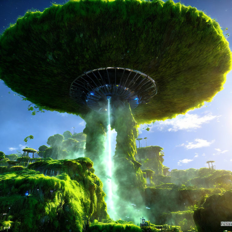 Enormous tree with glowing canopy in fantastical landscape