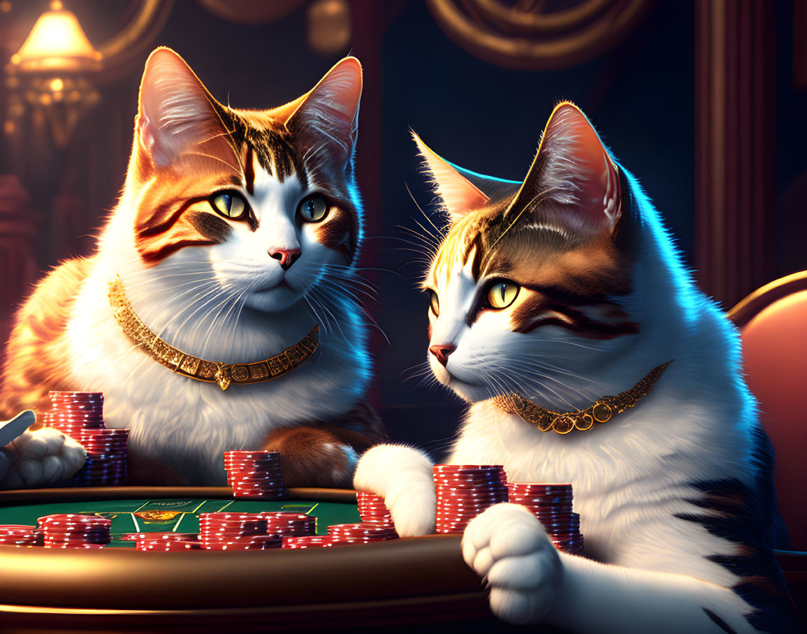 Animated cats with gold chains at poker table in luxurious setting