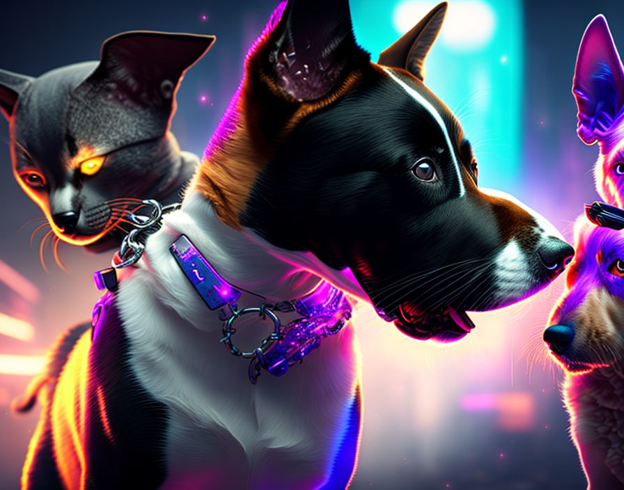 Stylized cat and dogs with monocle and glowing collar on neon-lit background