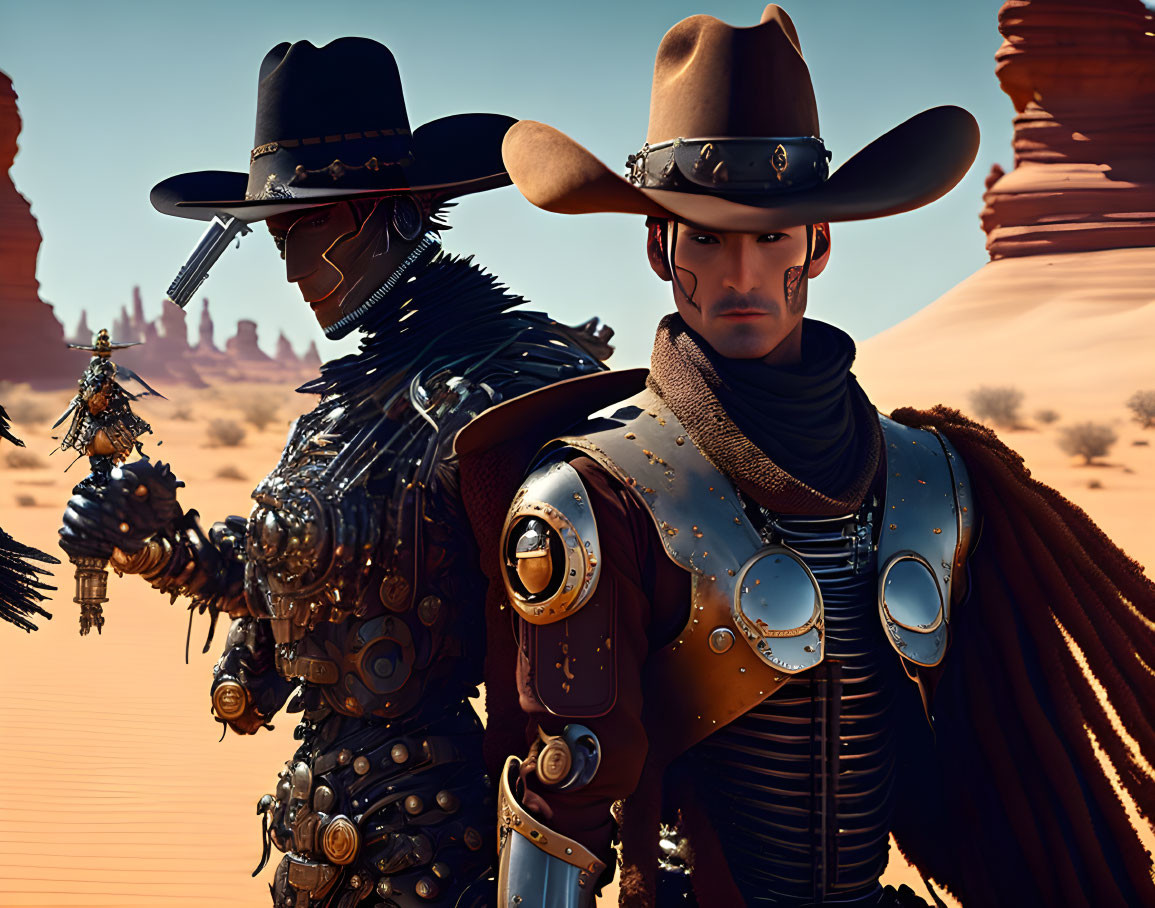 Futuristic cowboys with robotic features in desert setting