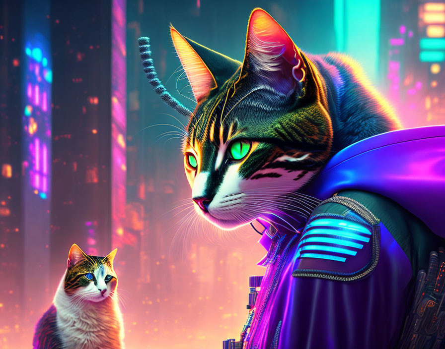 Colorful humanoid cat in futuristic armor overlooking neon cityscape with smaller cat.