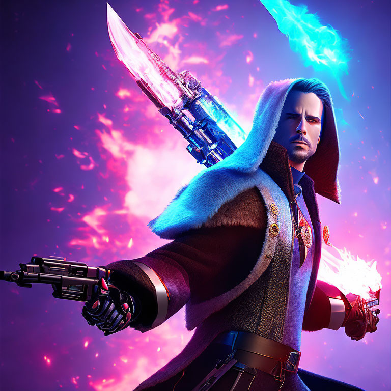 Male character with glowing sword and pistol in fur-collared cape on vibrant backdrop