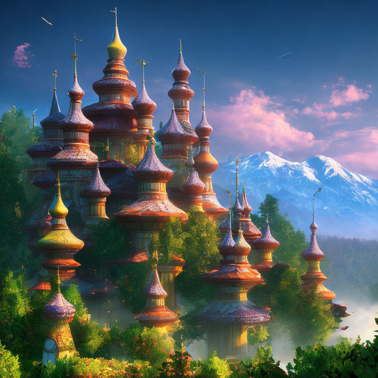 Fantasy castle with pointed roofs in lush forest at sunset