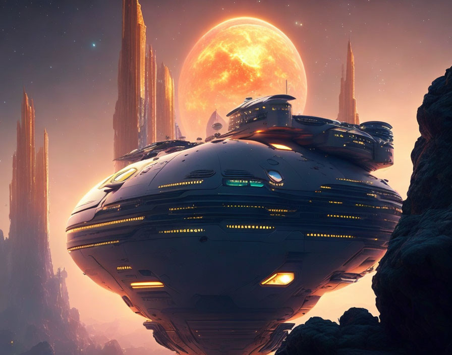 Futuristic spaceship on alien planet with spires and orange moon