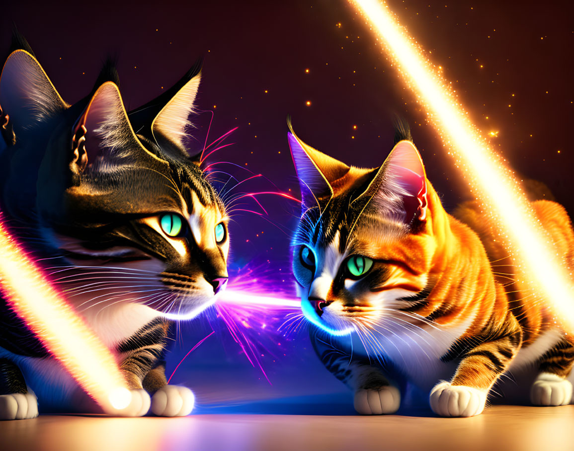 Glowing-eyed cats confront with light beams in cosmic scene