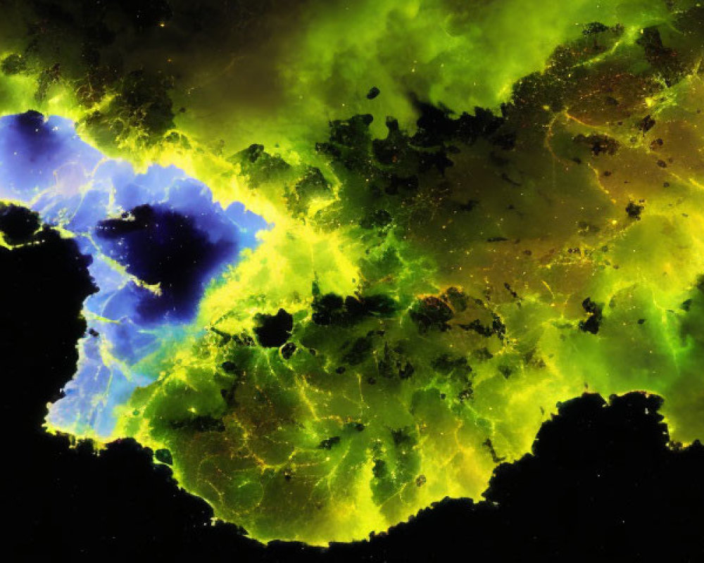 Colorful swirling greens and yellows in cosmic painting.