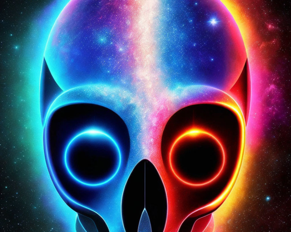 Colorful cosmic skull digital illustration with starry nebula silhouette.