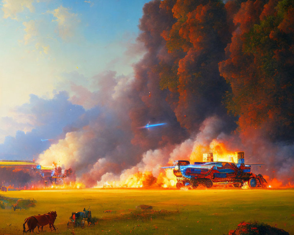 Dramatic futuristic harvester fire scene in pastoral landscape