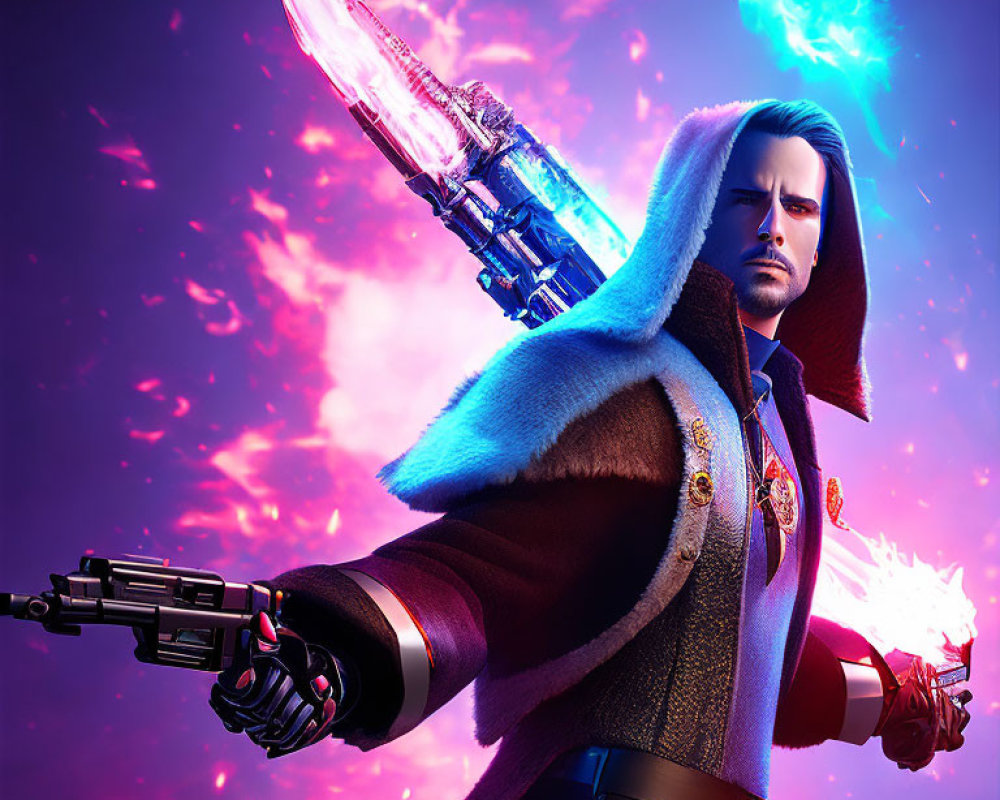 Male character with glowing sword and pistol in fur-collared cape on vibrant backdrop