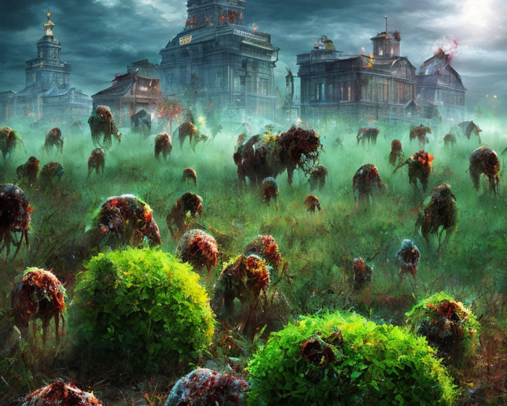 Zombified Creatures in Misty Landscape Approaching Dilapidated Buildings