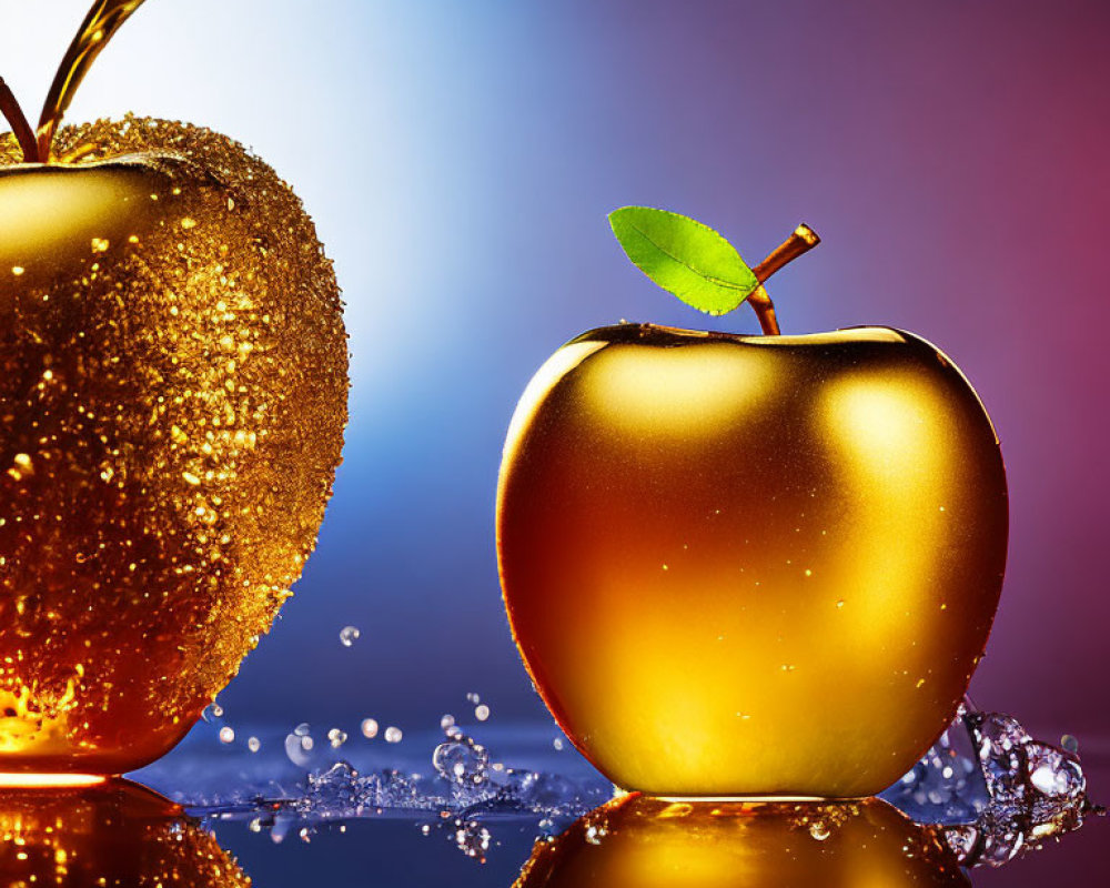 Shiny golden apples with liquid on colorful backdrop