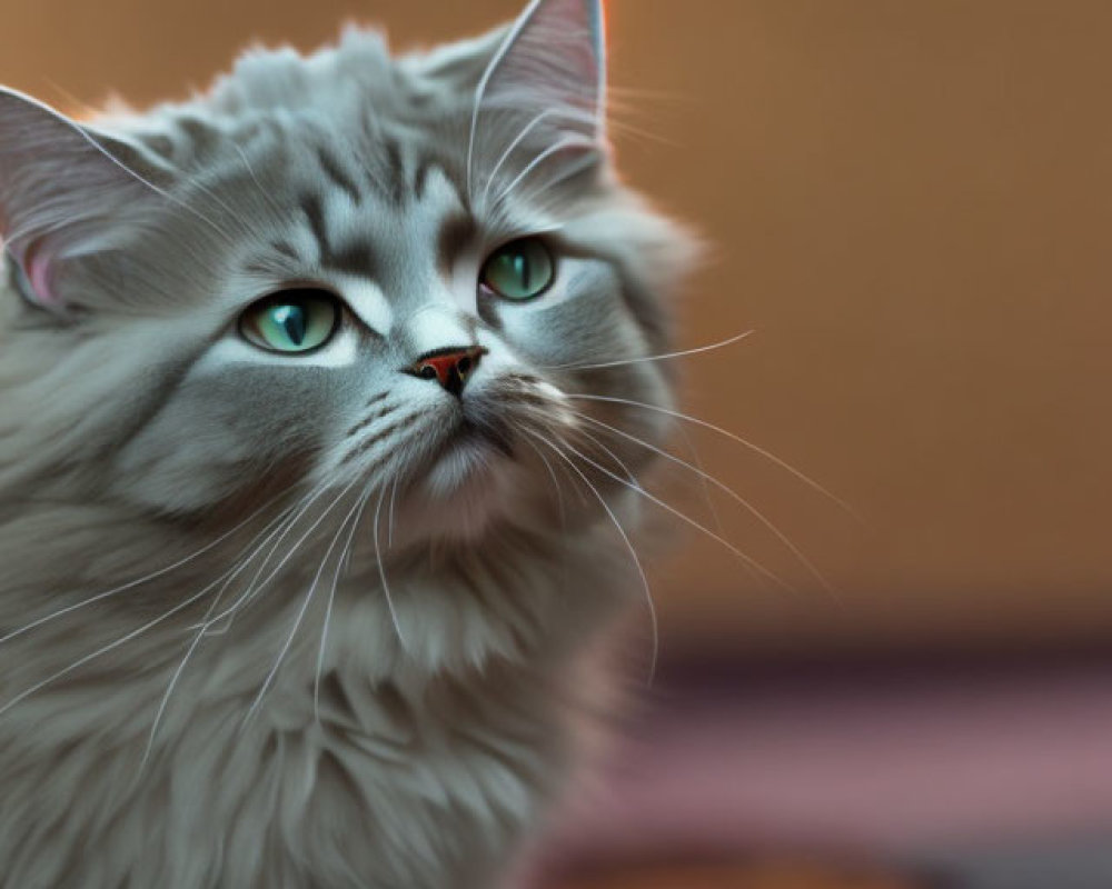 Fluffy Grey Cat with Green Eyes and Pointed Ears in Upward Gaze