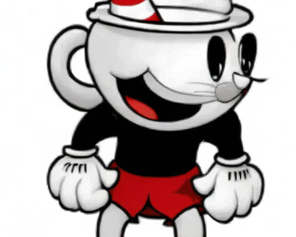 Smiling cup character with red striped straw and gloves