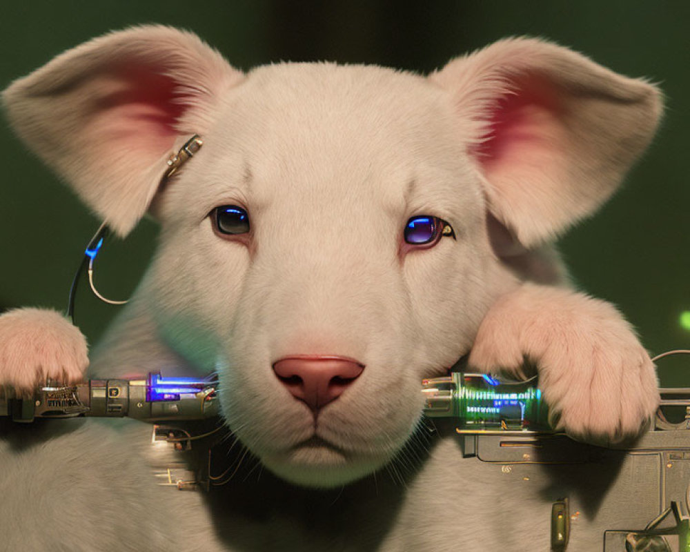 White Dog with Blue Eyes Wearing Headphones in Dimly Lit Setting