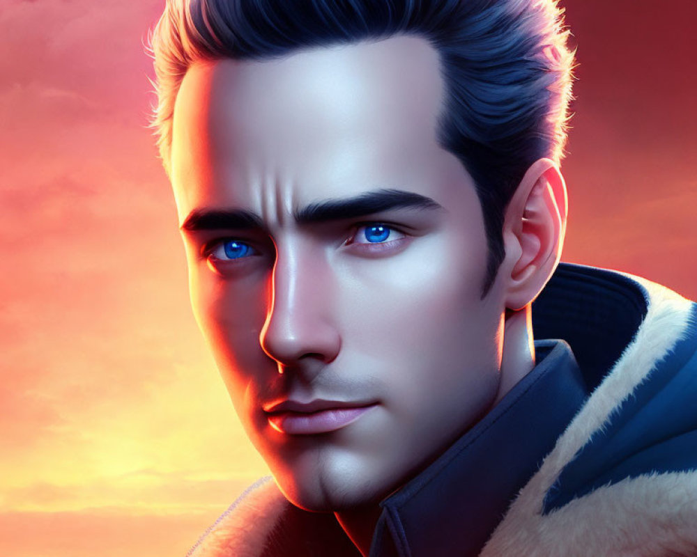 Man with Slicked-Back Hair & Fur-Collared Jacket Portrait