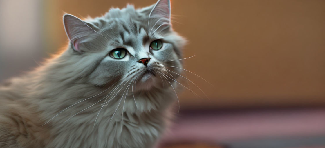 Fluffy Grey Cat with Green Eyes and Pointed Ears in Upward Gaze