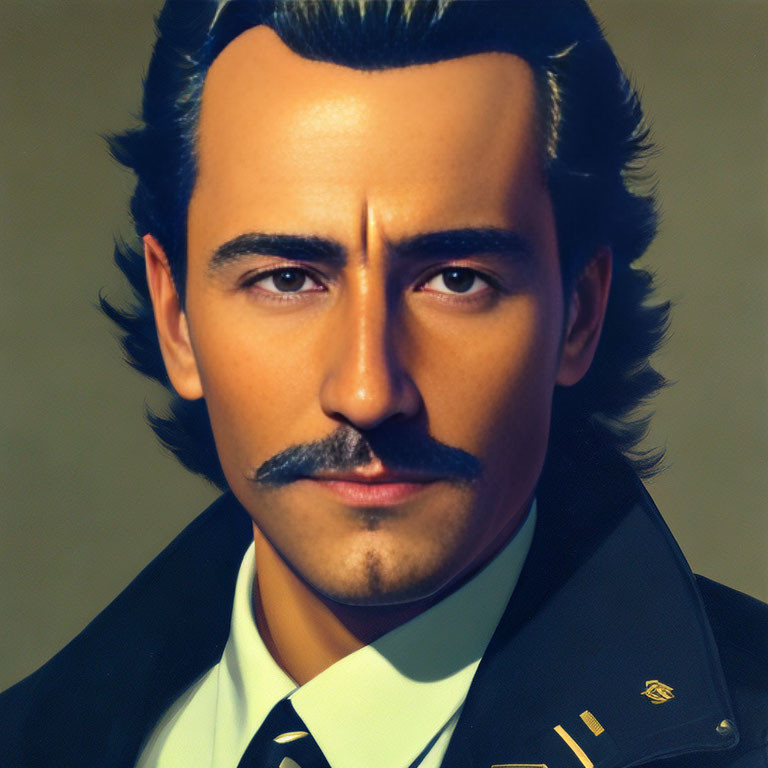 Stylized portrait of a man with slicked-back hair and mustache in suit and tie