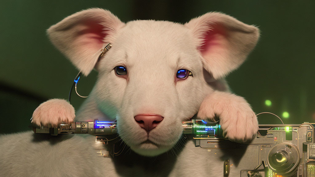 White Dog with Blue Eyes Wearing Headphones in Dimly Lit Setting