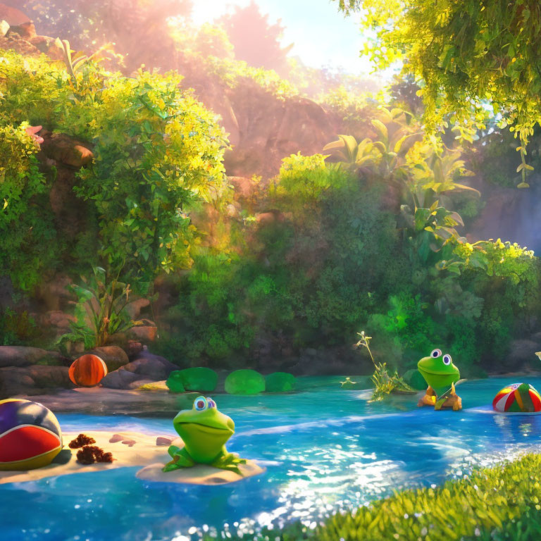 Colorful waterscape with frogs on lily pads, greenery, balls, and pumpkin