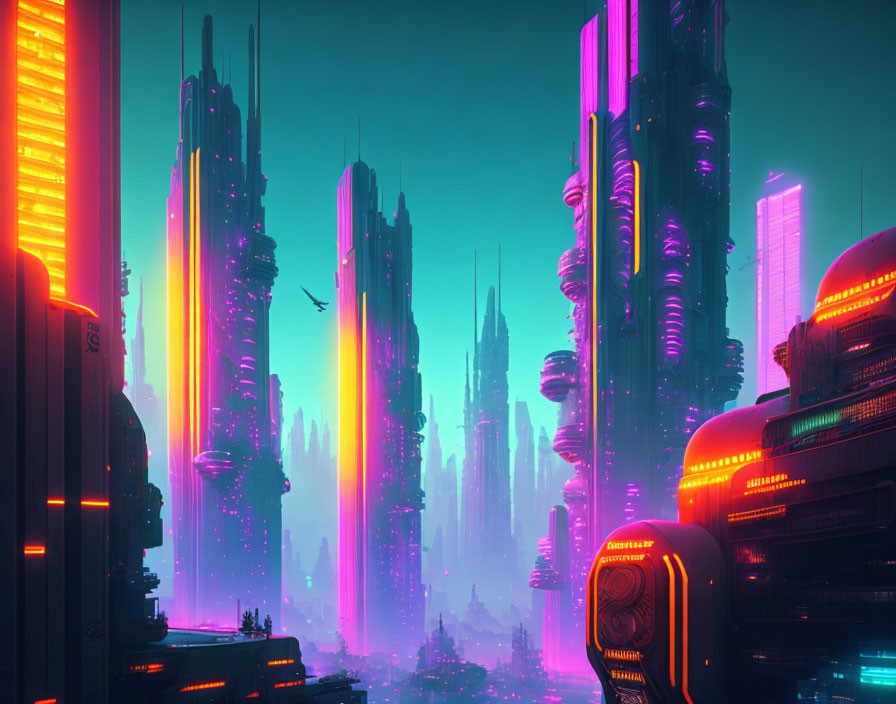 Neon-lit skyscrapers in futuristic cityscape at dusk