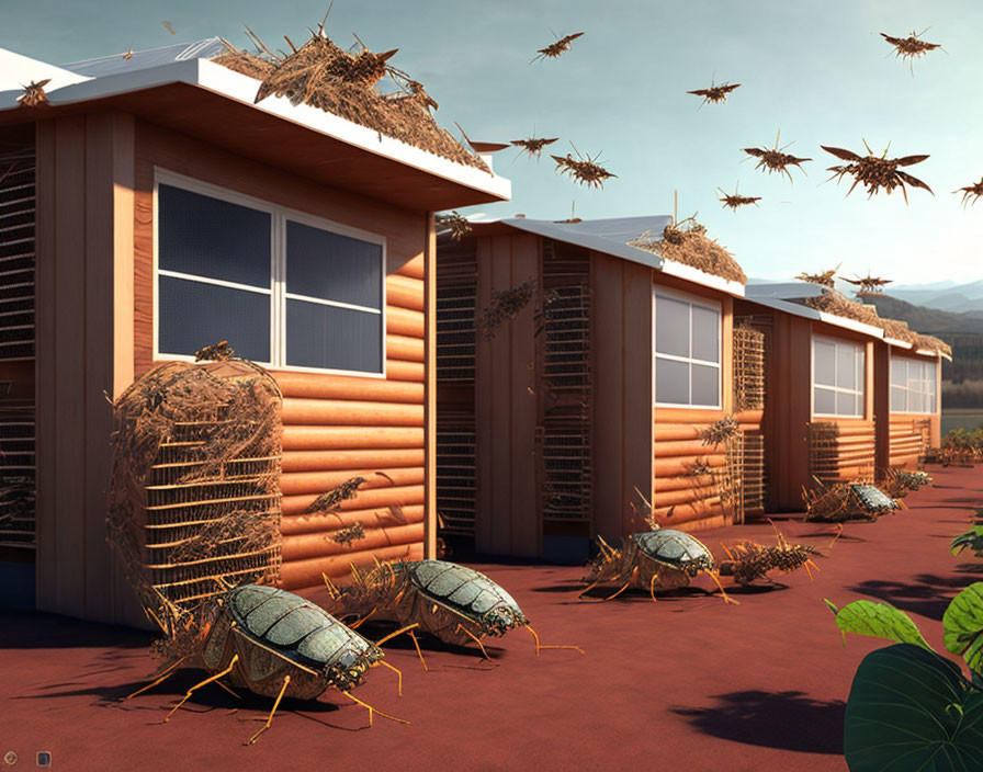 Thatched roof wooden cabins swarmed by CG beetles in red sky