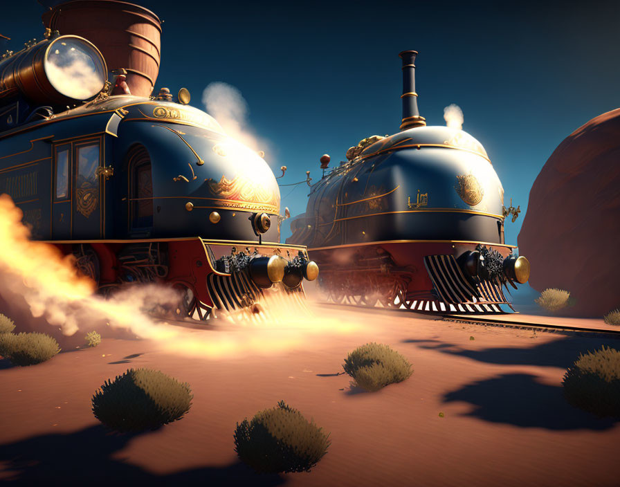 Golden steam train crossing desert under vibrant blue skies