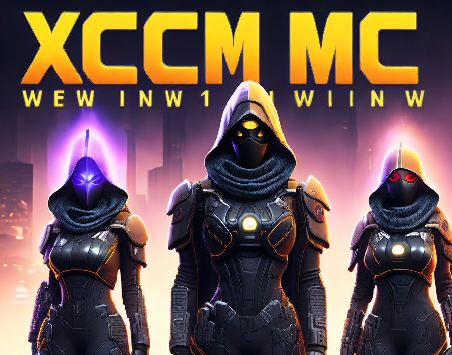 Futuristic characters in armor and helmets on orange "XCCM MC" background