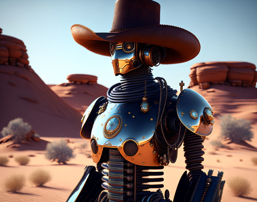 Western cowboy attire robot in desert landscape with rock formations.