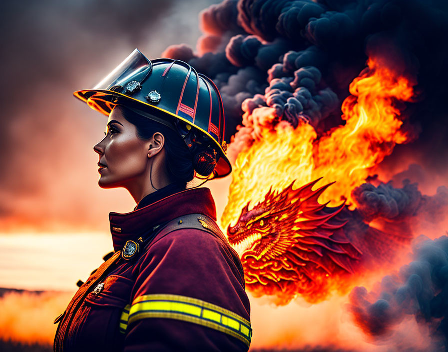 Intense firefighter against backdrop of smoke, flames, and rising phoenix