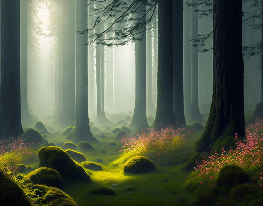 Mystic forest with sunbeams, green moss, and pink flowers