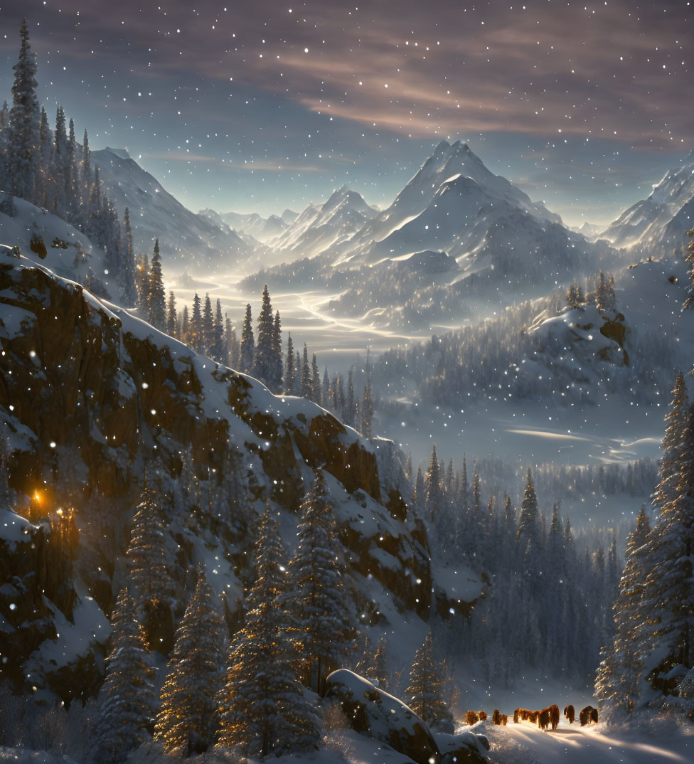 Snow-covered mountains and deer in pine forest at twilight