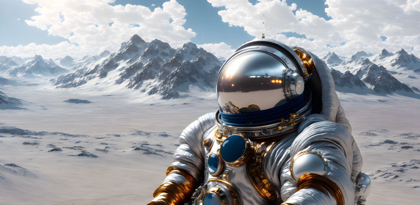 Astronaut in reflective helmet and spacesuit before snowy mountains.