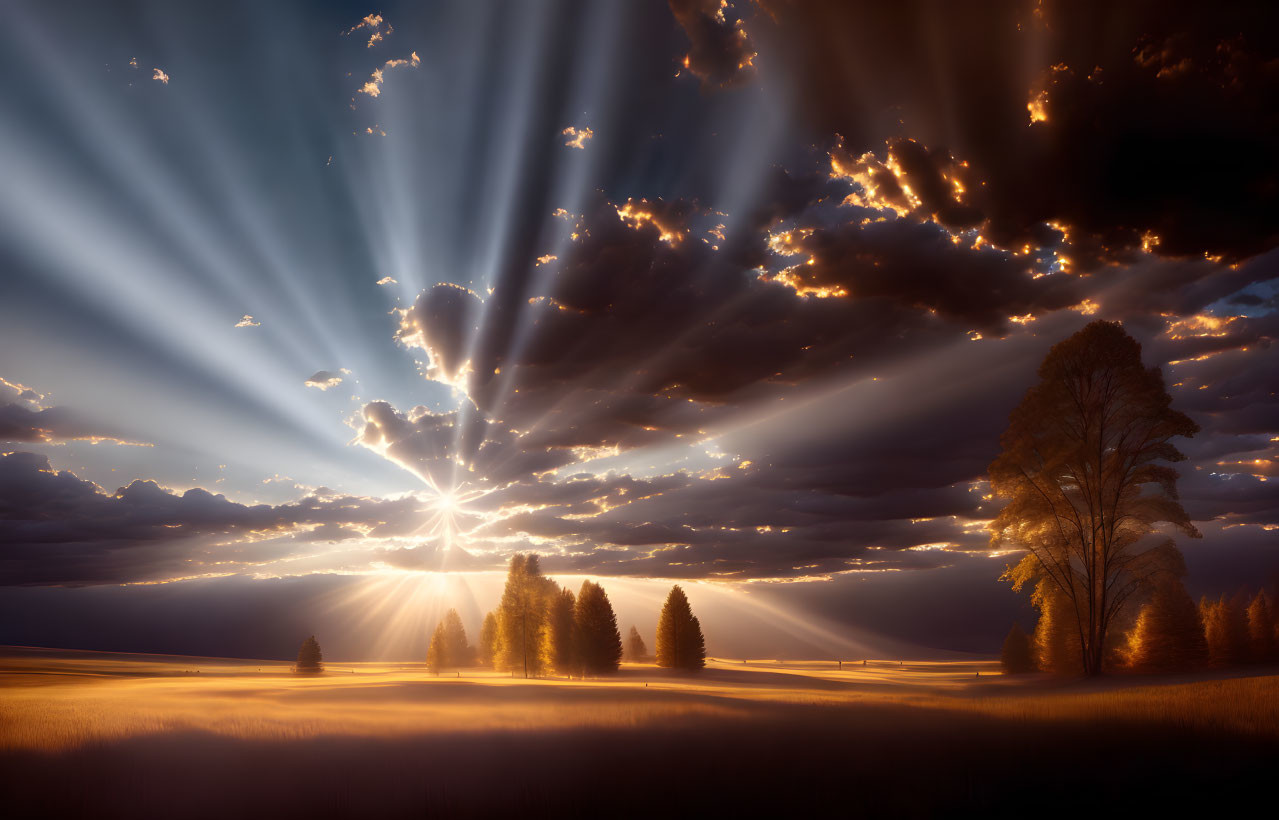 Sunbeams through clouds on serene landscape at sunrise or sunset