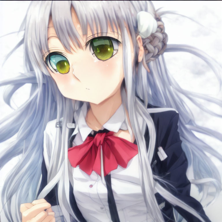 Anime girl with long silver hair and green eyes in white blouse with red bow tie.