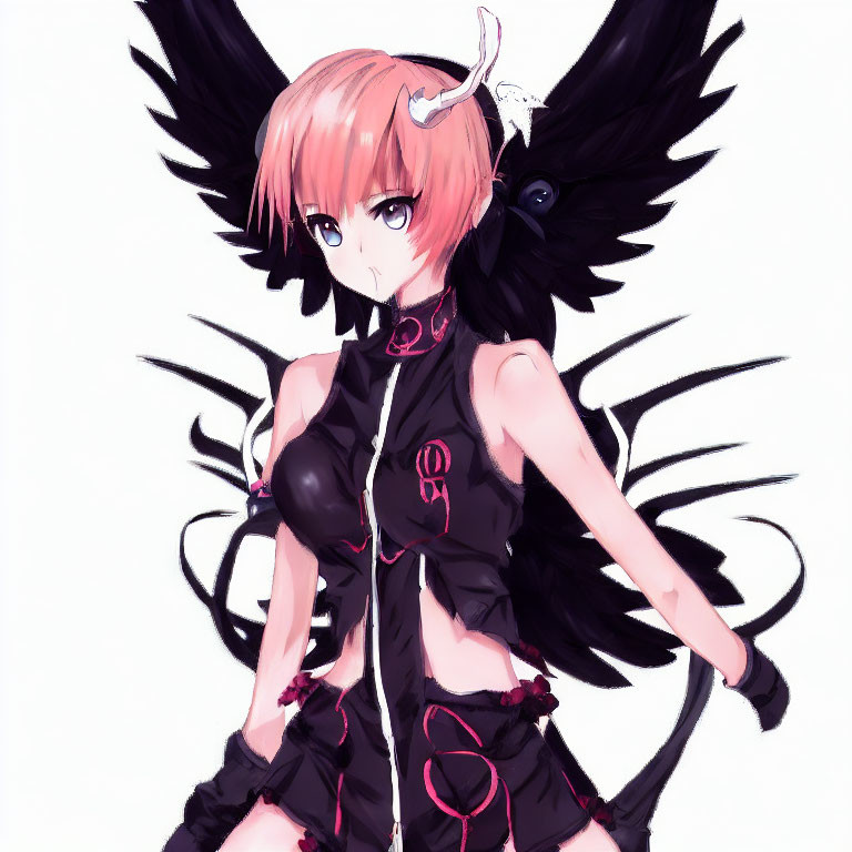 Pink-haired anime character with horns, black wings, and gothic attire