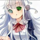 Anime girl with long silver hair and green eyes in white blouse with red bow tie.