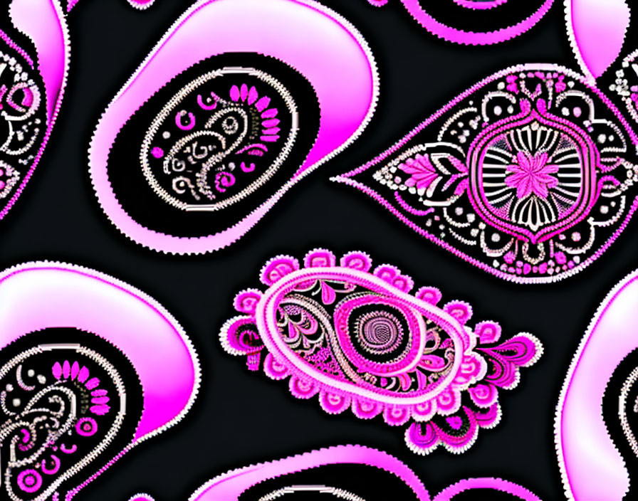 Colorful Pink and White Paisley Patterns on Black Background