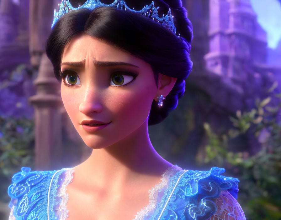 Close-up 3D animated princess with tiara displaying concern, castle in background