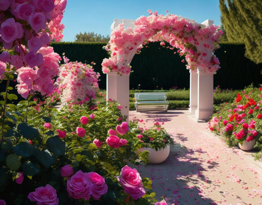 Pink Roses Garden Path with White Arches and Green Hedges