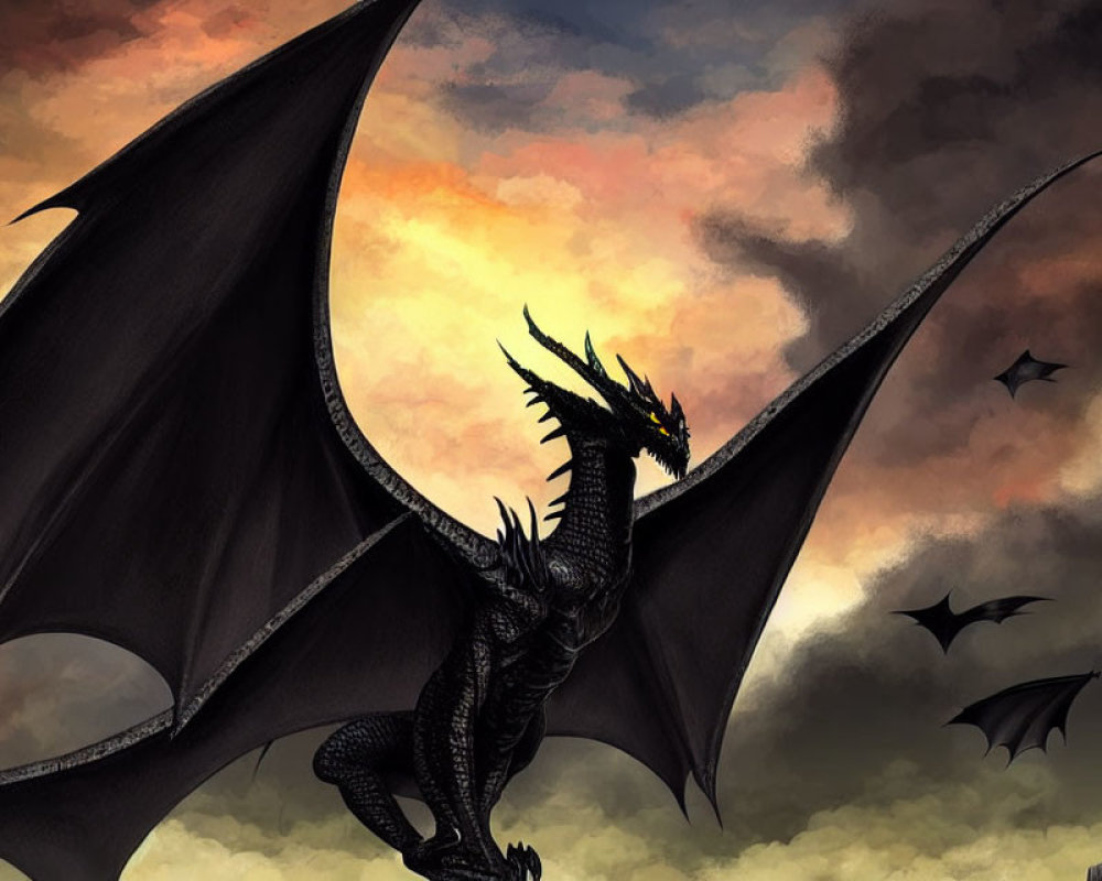 Black Dragon with Large Wings Silhouetted Against Dramatic Sunset Sky