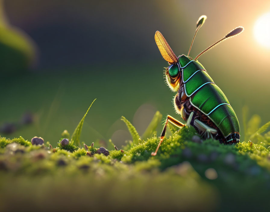 Colorful Beetle on Dewy Grass in Warm Sunset Light